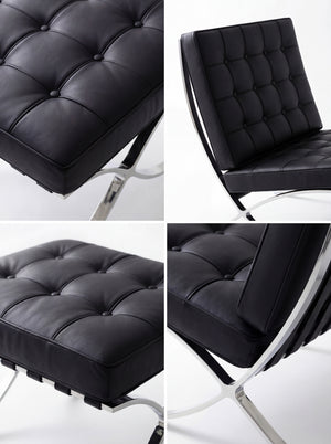 Fauteuil Lounge & Repose-Pieds – Cuir Véritable Noir et Structure Chromée Sculpturale